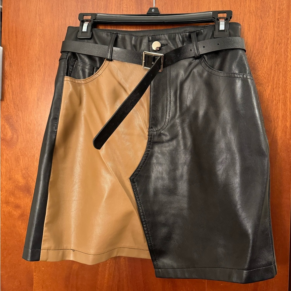 Asymmetrical Black and Tan Leather Skirt